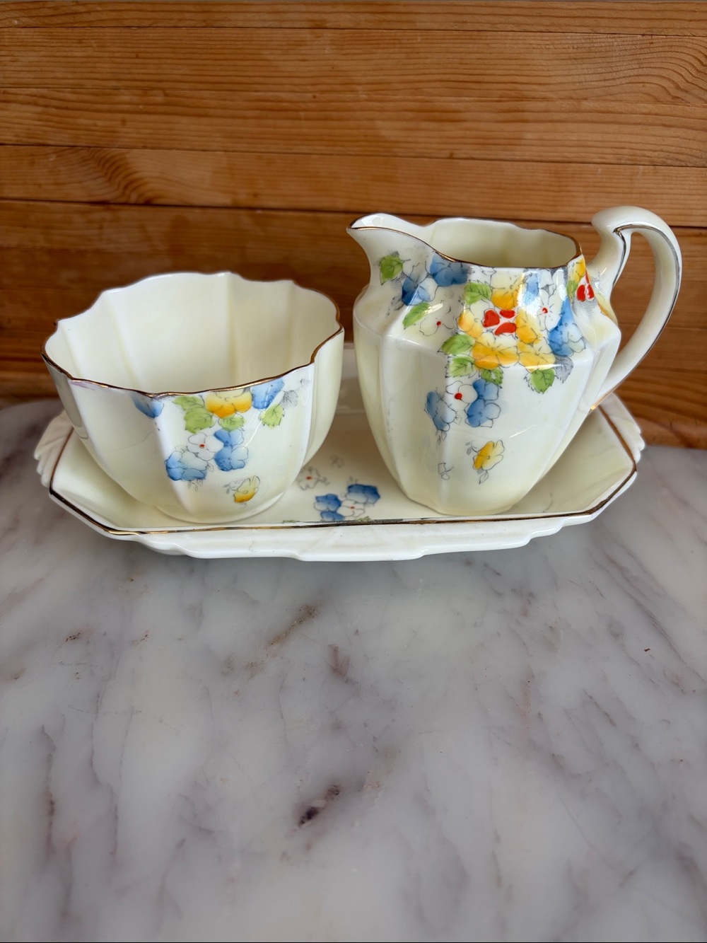 Vintage Paragon Floral Creamer and Sugar Set in Cream with Multicolor Accents